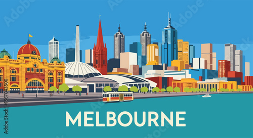 Colorful vector illustration of Melbourne skyline with Flinders Street Station, modern skyscrapers, riverfront, and tram, perfect for travel posters, tourism campaigns, and Australian city design