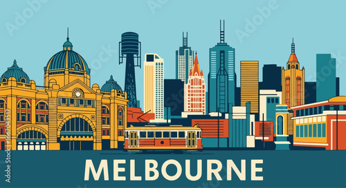 Colorful vector illustration of Melbourne skyline with Flinders Street Station, modern skyscrapers, riverfront, and tram, perfect for travel posters, tourism campaigns, and Australian city design