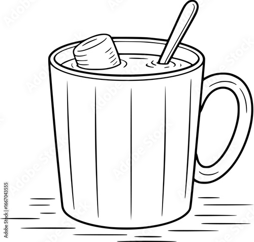 Black and White Line Drawing of a Mug of Hot Chocolate with Marshmallow and Spoon