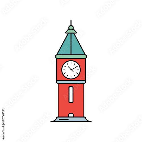 Colorful clock tower illustration with a green roof and red body  