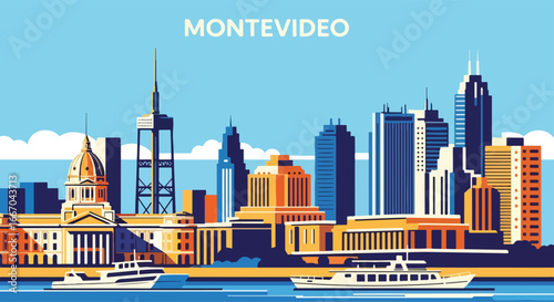 Colorful vector illustration of Montevideo skyline with historic architecture, modern skyscrapers, and waterfront with boats, perfect for travel posters, tourism promotions, and South American city