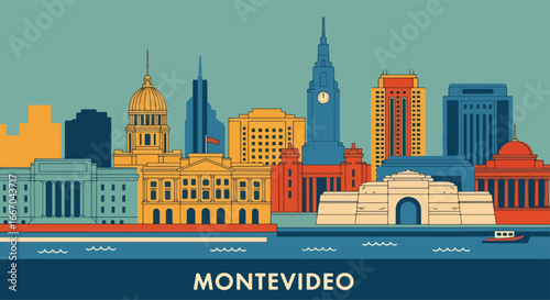 Colorful vector illustration of Montevideo skyline with historic architecture, modern skyscrapers, and waterfront with boats, perfect for travel posters, tourism promotions, and South American city