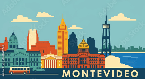 Colorful vector illustration of Montevideo skyline with historic architecture, modern skyscrapers, and waterfront with boats, perfect for travel posters, tourism promotions, and South American city
