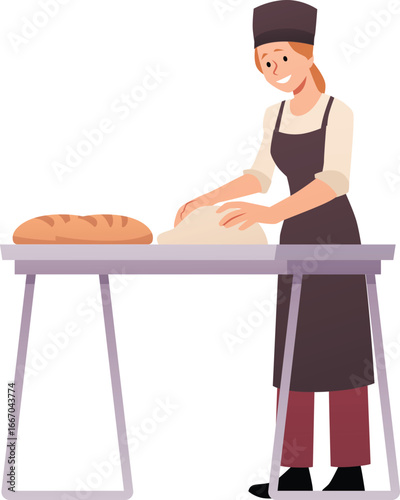 Woman chef in apron and protective hat cooking on kitchen, dough kneading for bread making, bread baking process vector