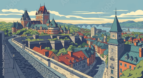 Colorful vector illustration of Québec City skyline with Château Frontenac, historic architecture, and waterfront view, perfect for travel posters, tourism campaigns, and Canadian destination 