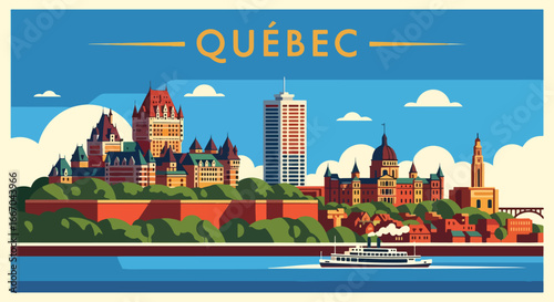 Colorful vector illustration of Québec City skyline with Château Frontenac, historic architecture, and waterfront view, perfect for travel posters, tourism campaigns, and Canadian destination 
