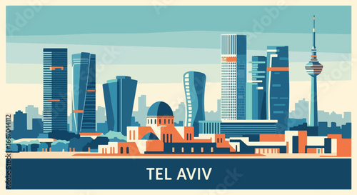 Colorful vector illustration of Tel Aviv skyline with modern skyscrapers, historic landmarks, and waterfront view, perfect for travel posters, tourism promotions, and Middle Eastern city design projec