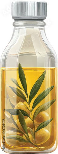 Clear bottle of golden olive oil with a sprig of olives and leaves glass liquid