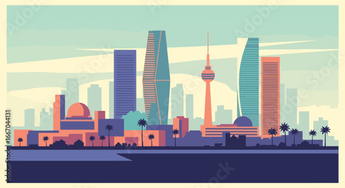 Colorful vector illustration of Tel Aviv skyline with modern skyscrapers, historic landmarks, and waterfront view, perfect for travel posters, tourism promotions, and Middle Eastern city design projec