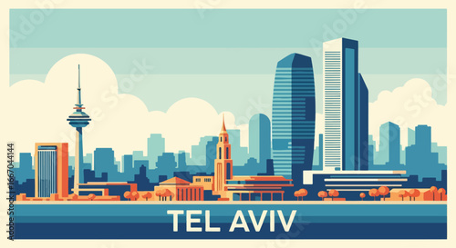 Colorful vector illustration of Tel Aviv skyline with modern skyscrapers, historic landmarks, and waterfront view, perfect for travel posters, tourism promotions, and Middle Eastern city design projec