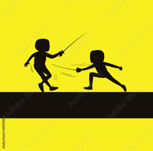 Fencing Duel Silhouette on Yellow Background sport