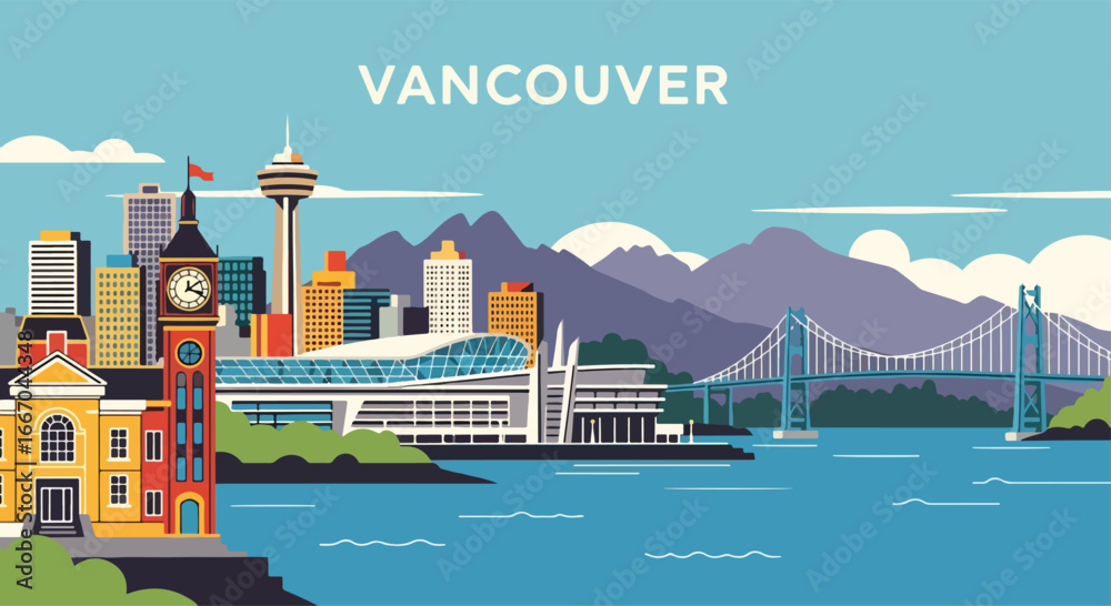 Obraz premium Colorful vector illustration of Vancouver skyline with modern buildings, waterfront, boats, and mountains, perfect for travel posters, tourism campaigns, and Canadian destination design projects