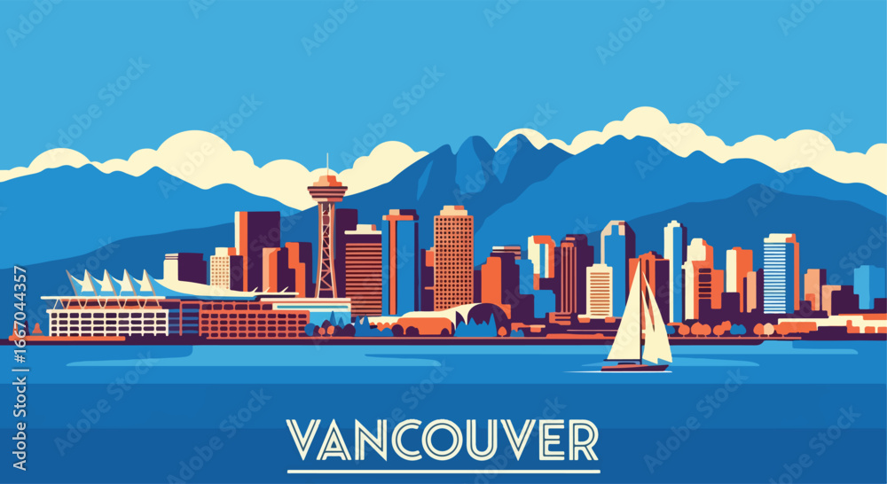 Fototapeta premium Colorful vector illustration of Vancouver skyline with modern buildings, waterfront, boats, and mountains, perfect for travel posters, tourism campaigns, and Canadian destination design projects