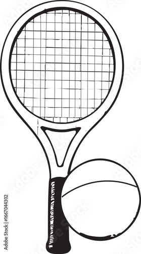 Black and white vector illustration of a tennis racket and ball, suitable for sports and vintage-style designs.

