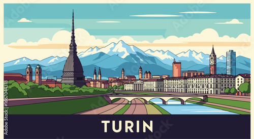 Colorful vector illustration of Turin cityscape with iconic Mole Antonelliana, cathedral, river, and Alps, perfect for travel posters, tourism campaigns, and Italian destination design projects