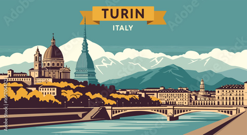 Colorful vector illustration of Turin cityscape with iconic Mole Antonelliana, cathedral, river, and Alps, perfect for travel posters, tourism campaigns, and Italian destination design projects