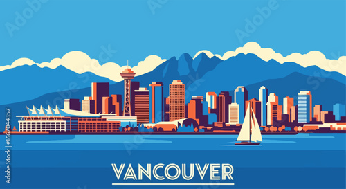 Colorful vector illustration of Vancouver skyline with modern buildings, waterfront, boats, and mountains, perfect for travel posters, tourism campaigns, and Canadian destination design projects