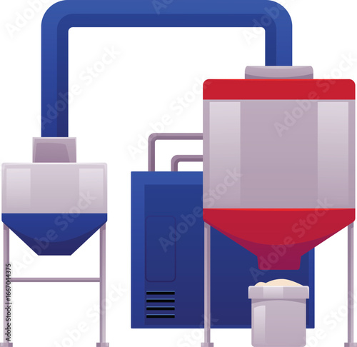 Bread manufacture process on factory, bread production machine, washing wheat, flour grinding vector flat illustration