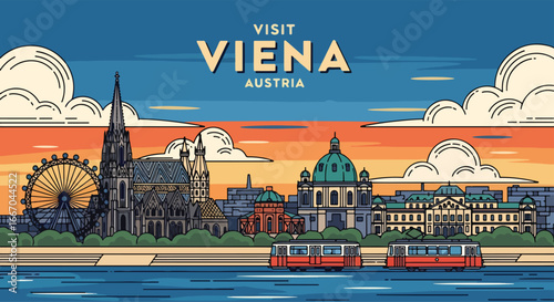 Colorful vector illustration of Vienna cityscape with iconic landmarks, cathedral, ferris wheel, and trams by the river, perfect for travel posters, tourism promotions, and European destination design