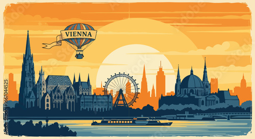 Colorful vector illustration of Vienna cityscape with iconic landmarks, cathedral, ferris wheel, and trams by the river, perfect for travel posters, tourism promotions, and European destination design