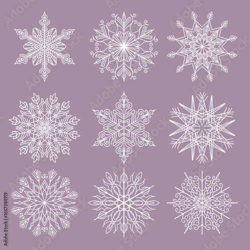 A collection of nine intricate snowflake designs, each unique and beautifully detailed, set against a soft purple background