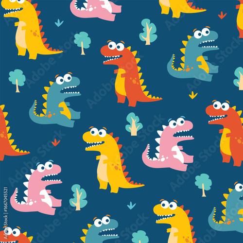 colorful t-rex dinosaur seamless pattern vector cartoon design fullprint fabric for kids apparel