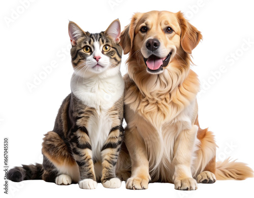 Happy Dog and Cat Sitting Together, Isolated on Transparent Background