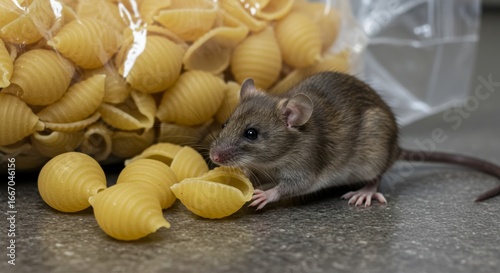 A mouse with pasta shells on a kitchen floor.