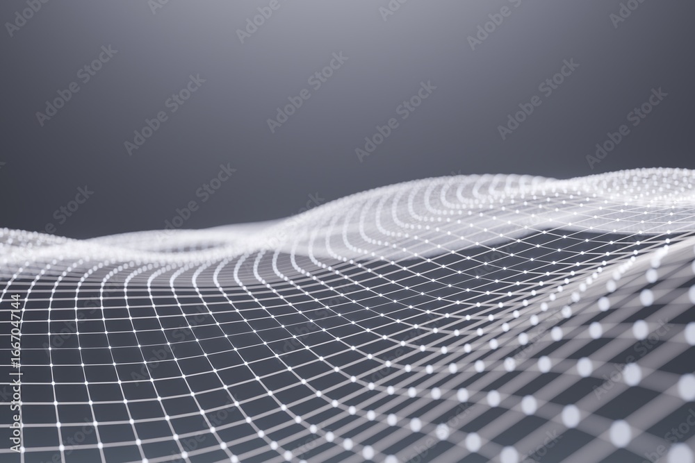 Naklejka premium 3D illustration of a wavy digital grid with glowing nodes.