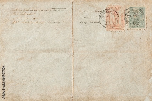 Vintage blank postcard with two old postage stamps. The postcard has a faded appearance and is suitable for nostalgic themes or historical contexts.