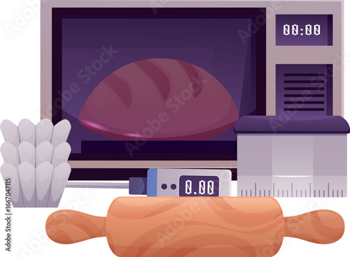 Bread baked in convection oven, kitchen equipment and cooking appliance, rolling pin, knife with scale and cupcake molds