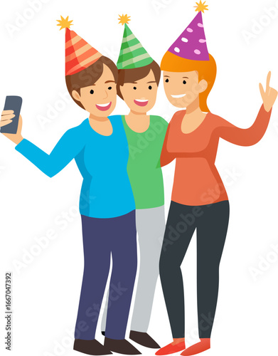 Friends celebrate together wearing party hats and taking a selfie
