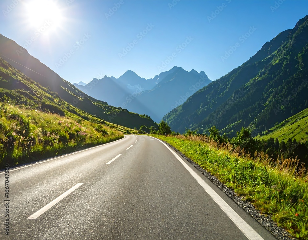 Naklejka premium Mountain road stretches into a valley bathed in sunlight