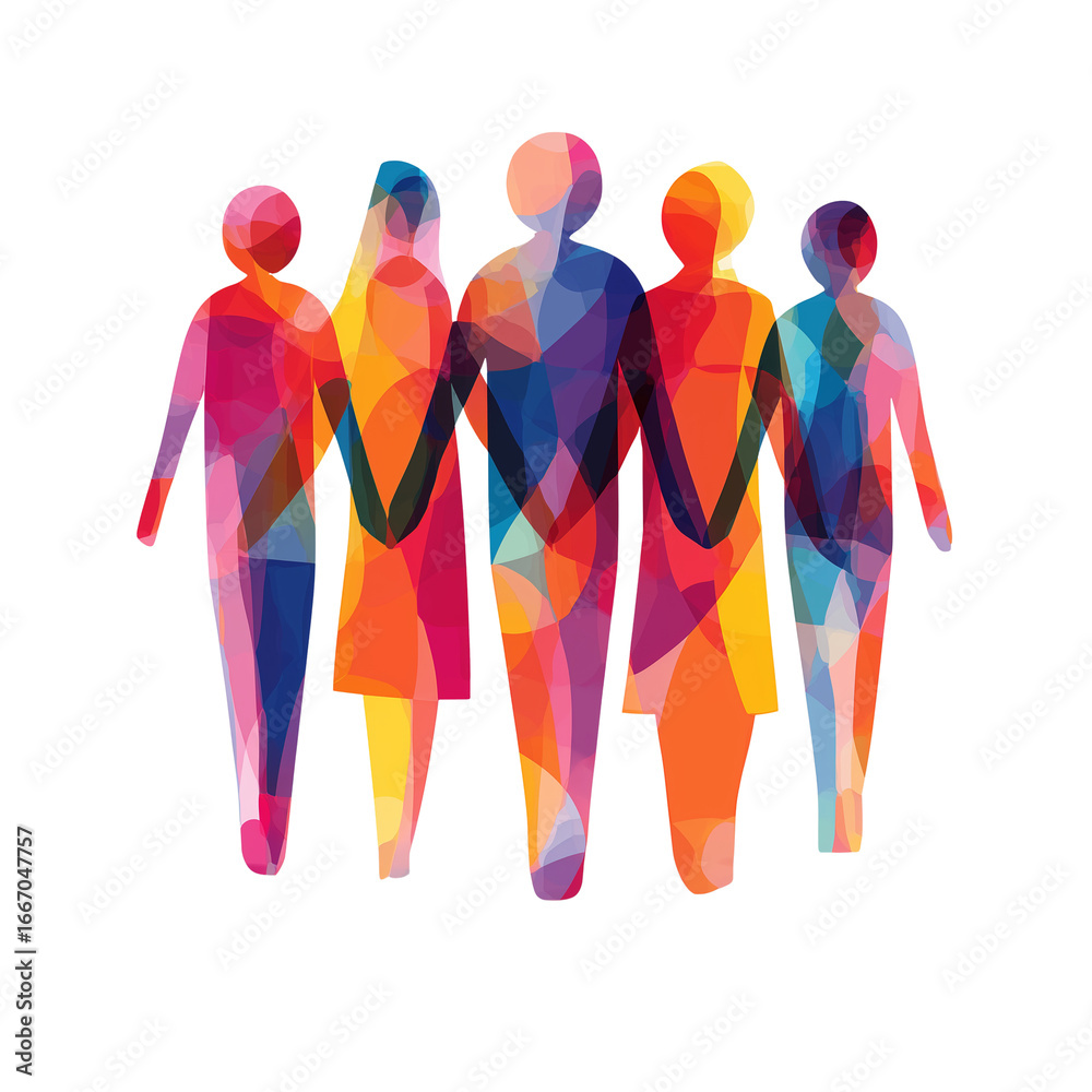 Obraz premium Colorful abstract team collaboration and unity concept represented by diverse figures holding hands