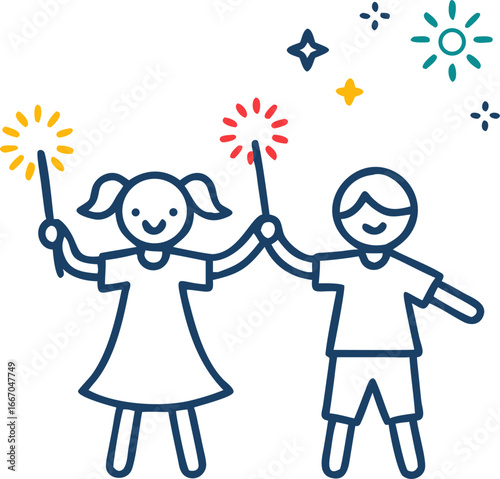 Children celebrate with sparklers on a dark night