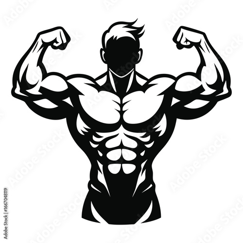 Muscular Silhouette of Bodybuilder Flexing Biceps, Showing Ripped Abs and Defined Muscle Mass