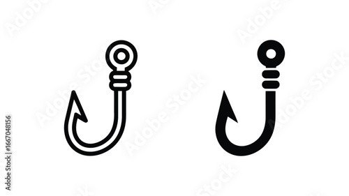 Two Simple Fishing Hooks: Line Art and Solid Black Icon Set, Isolated on White Background, for Website or App Design, Clean Minimalist Style.
