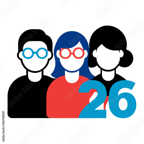 Diverse group of people celebrating the new year wearing 2026 glasses