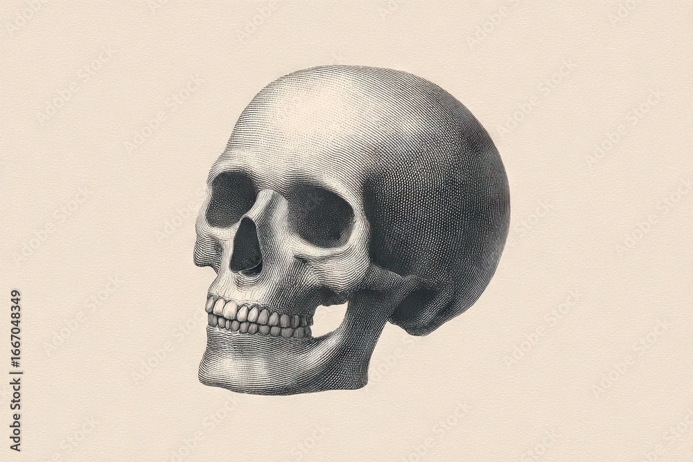 Obraz premium A detailed illustration of a human skull, showcasing its anatomical features and structure. The skull is positioned against a neutral background.