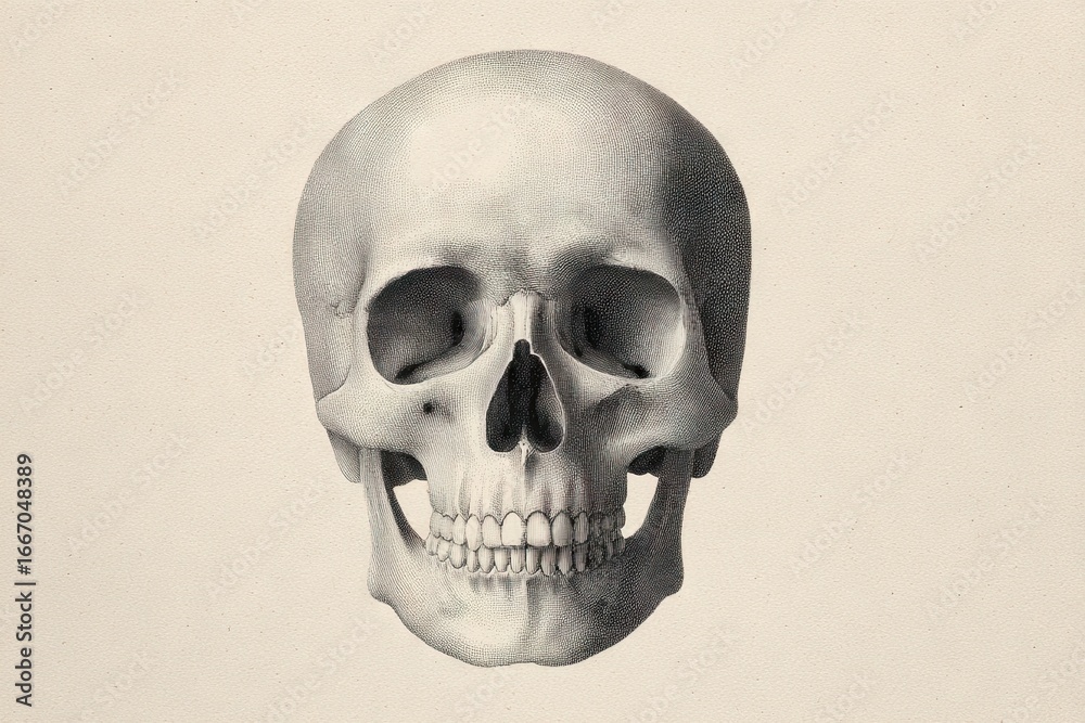 Obraz premium A detailed illustration of a human skull, showcasing its anatomical features and structure. The skull is centered on a light background.