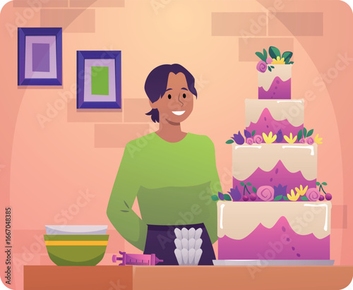 Woman presenting huge cake decorated cream flowers and berries, vector flat professional, confectioner culinary baker
