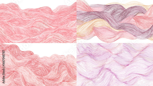 Soft pastel wave line textures in pink, purple, and peach tones, elegant flowing abstract patterns ideal for modern backgrounds, decor, and branding.