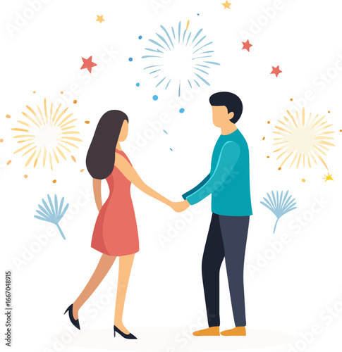 Romantic couple celebrating under a sky full of fireworks