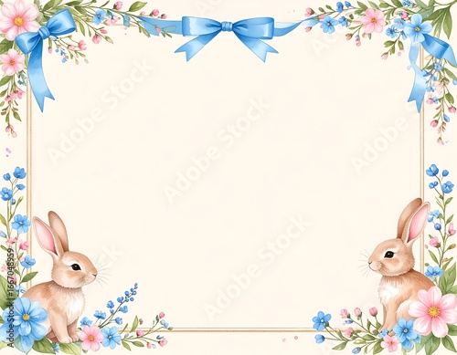 Pastel floral frame with two rabbits