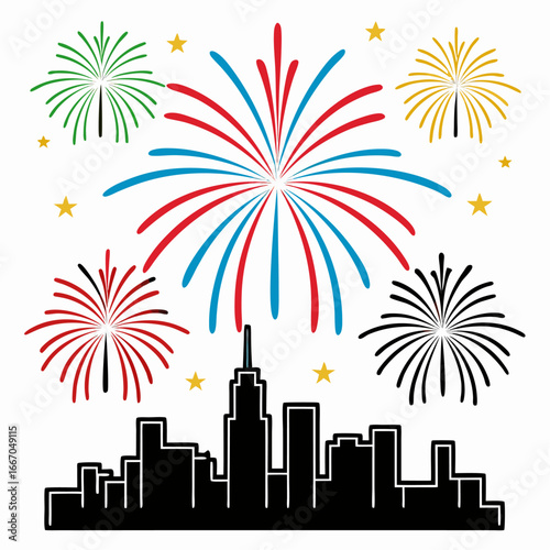Vibrant fireworks display over a cityscape at night