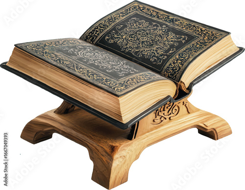 Ornate Open Holy Book on a Decorative Wooden Stand with Intricate Gold Patterns Quran Islamic