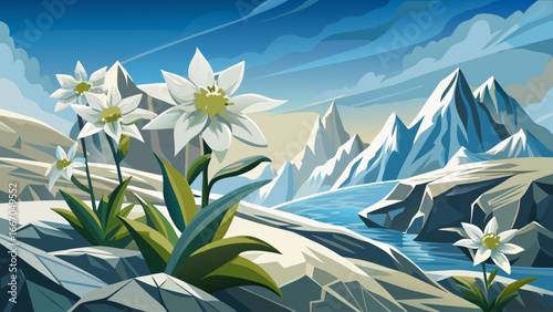 Frosted edelweiss blooms stand resilient on snowy alpine slope, delicate petals shimmering in icy light, timeless floral endurance symbolizing strength, beauty, and purity amid rugged mountain serenit