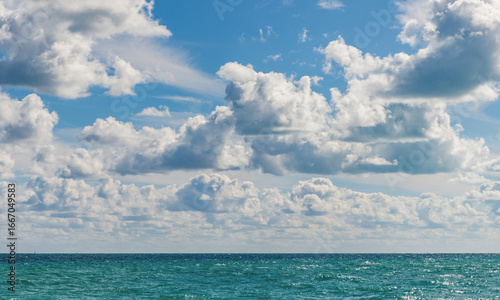 Fototapeta Naklejka Na Ścianę i Meble -  Calm horizon with sea nature. Romantic summer vacation at seascape. Sunset sea and seascape. Sea horizon view. Cloudy sky and seascape at summer vacation. Skyscape with sea horizon. Exotic paradise