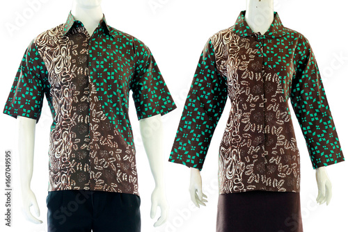 Batik couple outfit with a blouse cut for women and short sleeve shirts for men.