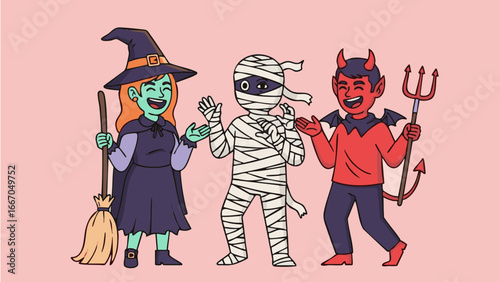 Cartoon illustration of a witch a mummy and a devil standing together in halloween costumes and smiling